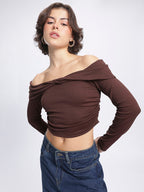 Ruched Ribbed Bardot Crop Top
