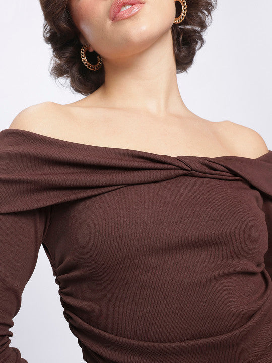 Ruched Ribbed Bardot Crop Top