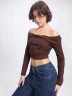 Ruched Ribbed Bardot Crop Top