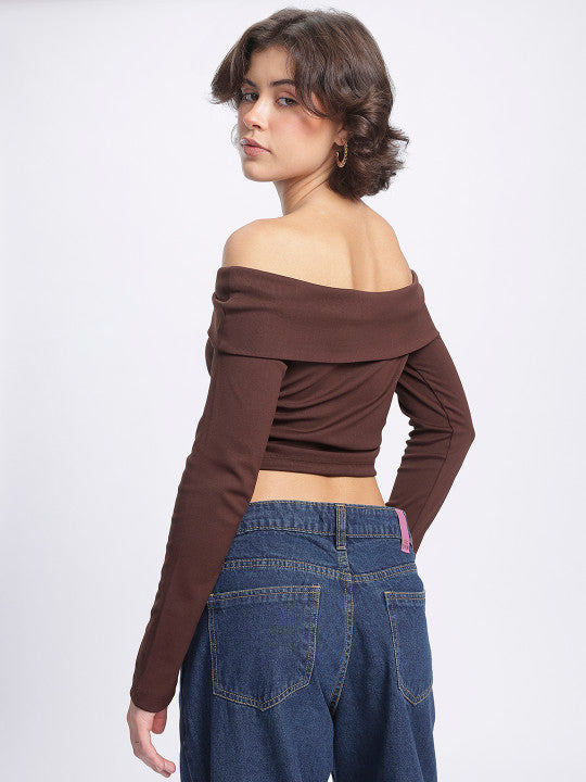 Ruched Ribbed Bardot Crop Top