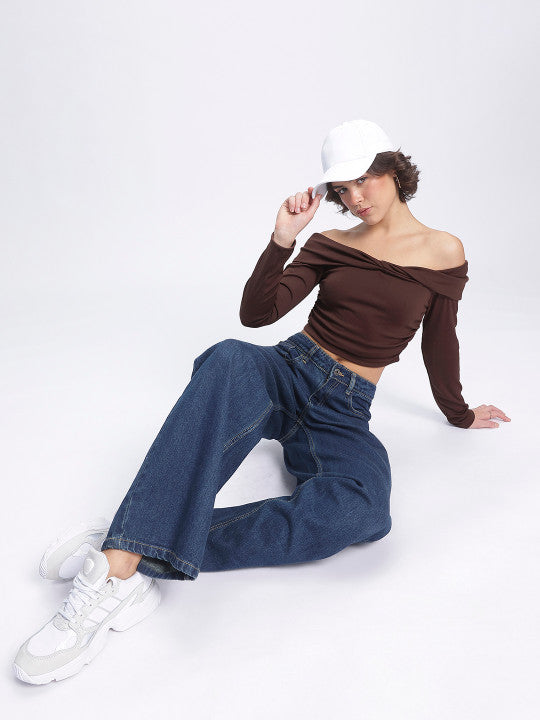 Ruched Ribbed Bardot Crop Top