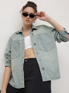 Drop Shoulder Spread Collar Denim Jacket