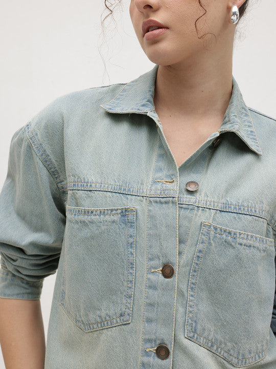 Drop Shoulder Spread Collar Denim Jacket