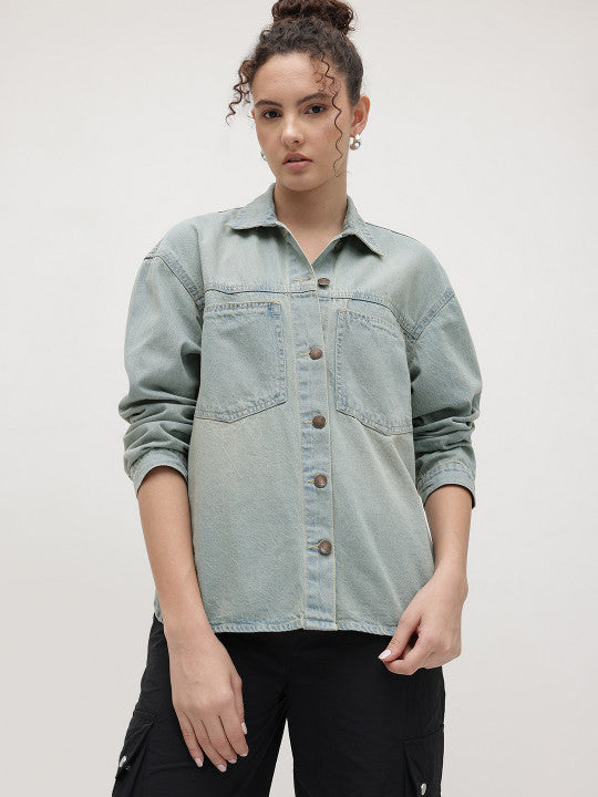 Drop Shoulder Spread Collar Denim Jacket
