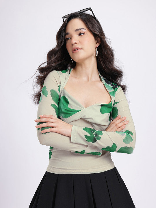 Printed Twisted Sweetheart Neck Ruched Top