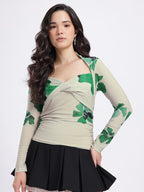 Printed Twisted Sweetheart Neck Ruched Top