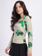Printed Twisted Sweetheart Neck Ruched Top