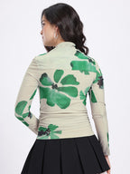 Printed Twisted Sweetheart Neck Ruched Top