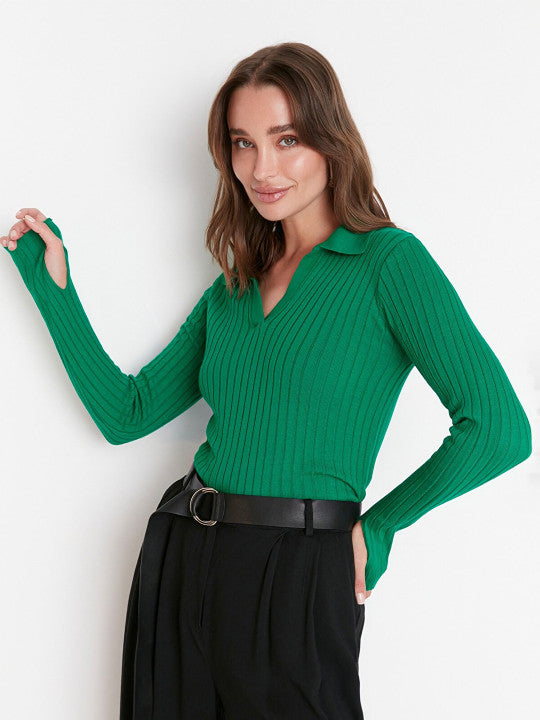 Women Green Ribbed Pullover