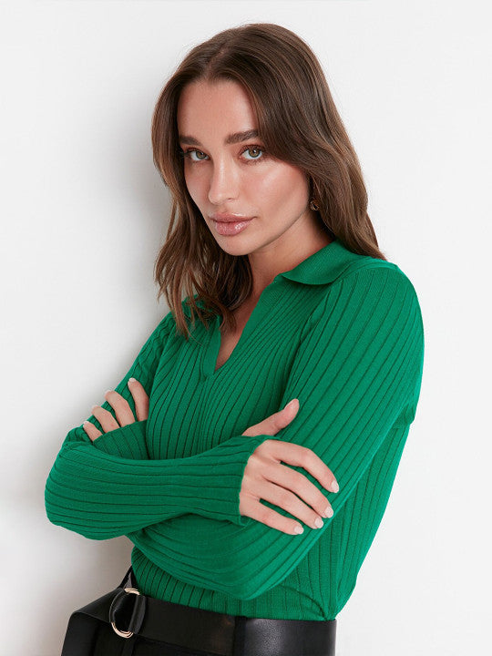 Women Green Ribbed Pullover