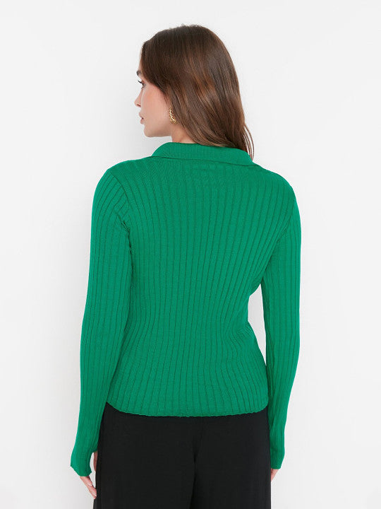 Women Green Ribbed Pullover