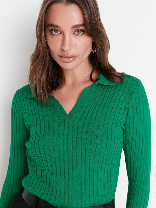Women Green Ribbed Pullover
